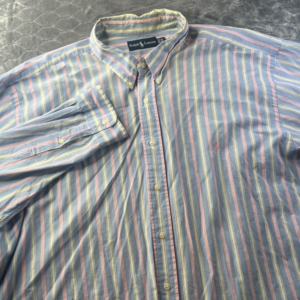 Ralph Lauren Button Down Shirt Mens 3X Big Blue Pink Yellow Stripe Cotton Pony